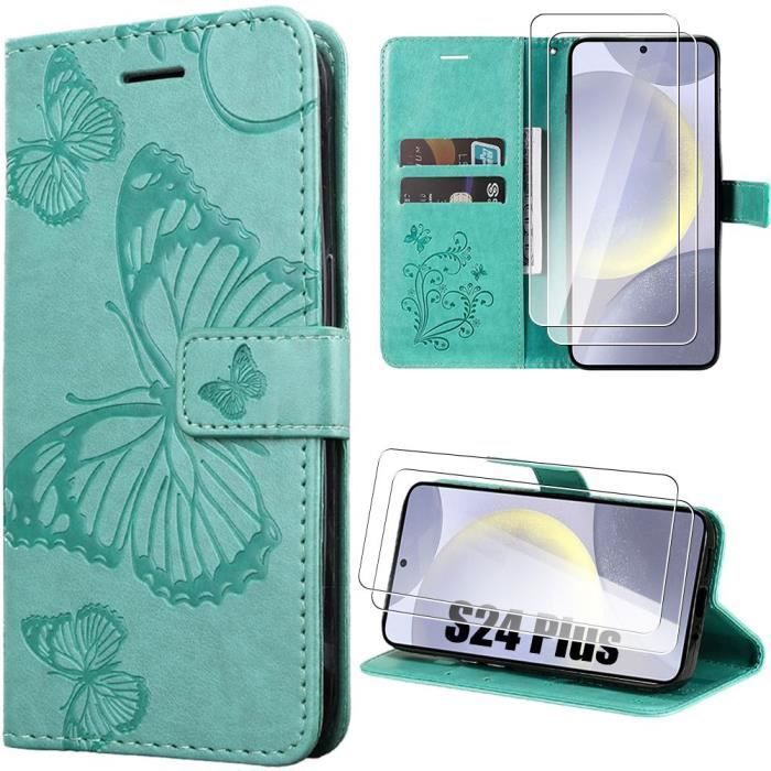 Coque de protection - BOOLING - pour Samsung Galaxy S24 Plus - Cuir synthétique - Motif Papillon - Vert