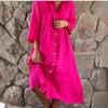 2023 Women's Cotton Linen Dress: Solid Color, Casual Stand-up Collar, Button-Down Long Dress