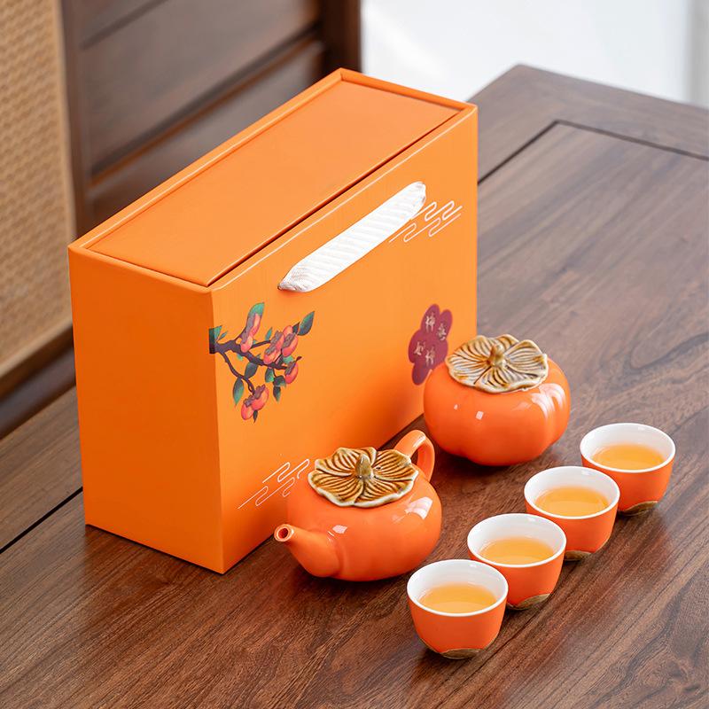 Creative activity gifts, cute wind persimmon ceramic tea set, teapot teacup for customers, business souvenir