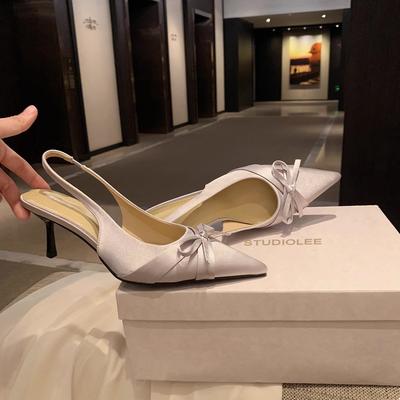 Овчина, показывающая длину ноги 7 см, тонкий каблук, бант, остроносые пустые туфли-лодочки, женские босоножки на высоком каблуке