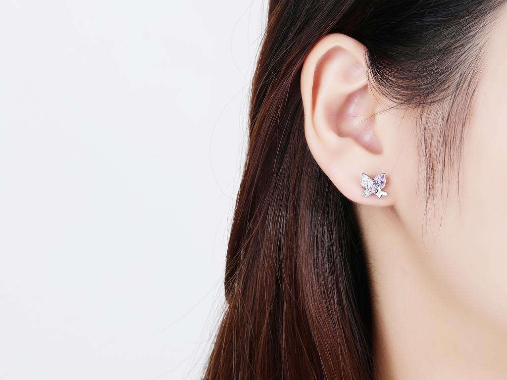Silver Hoop Earrings with Cubic Zirconias, Flower Hoops, Butterflies, Rhodium-Plated Studs