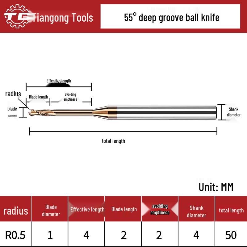 Tiangong Вольфрамовая сталь R0.5 Концевая фреза со сферическим концом 0.75 Сплавная шейка, 2 режущие кромки, 55° с покрытием, Удлиненная для глубоких пазов 1, 1.25