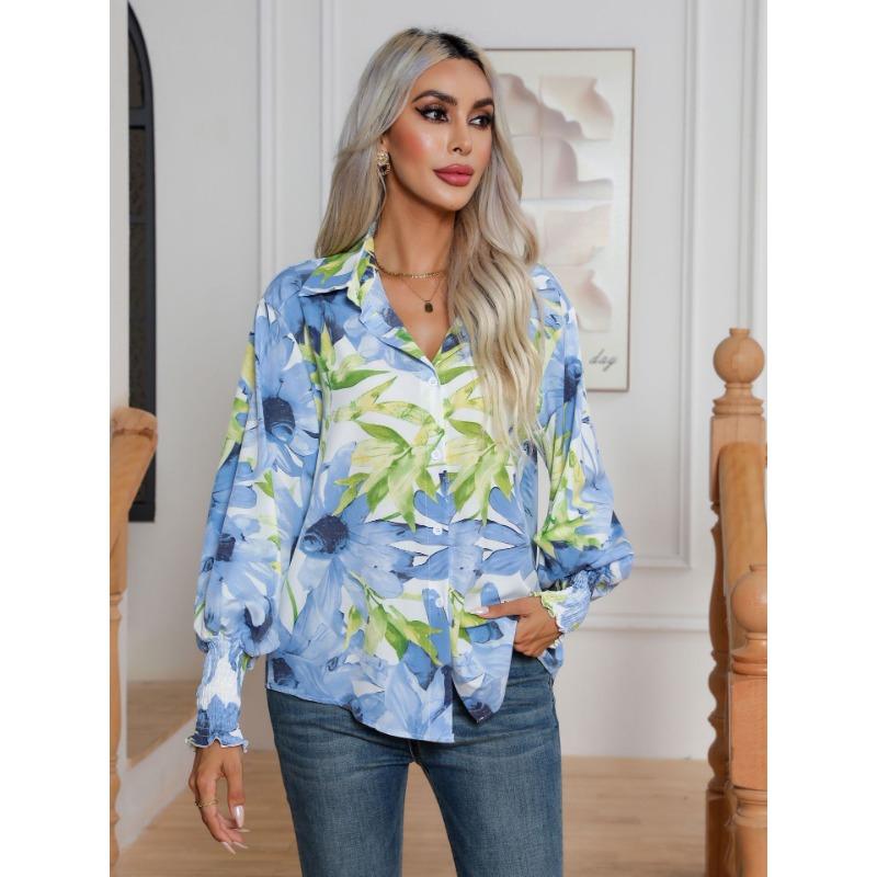 Spring and Autumn Women's Shirt Fashion Printed Lantern Sleeve Shirt Long Sleeve Shirt