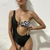 One Shoulder One Piece Swimsuit Hollow Out Bikini Patchwork Swimwear Women Ring Bathing Suit