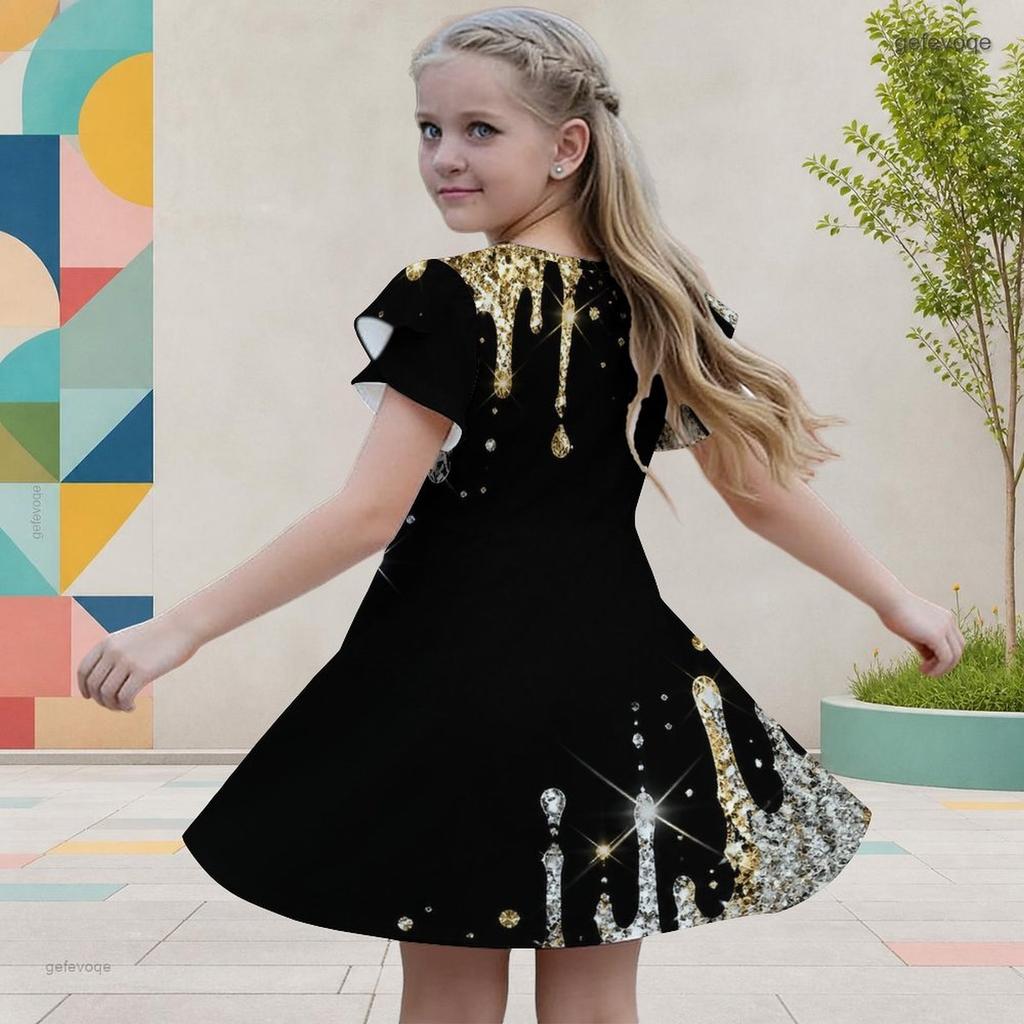 Girls Round Neck Flutter Sleeve Black Gold Geometric Printed A Line Flared Dress