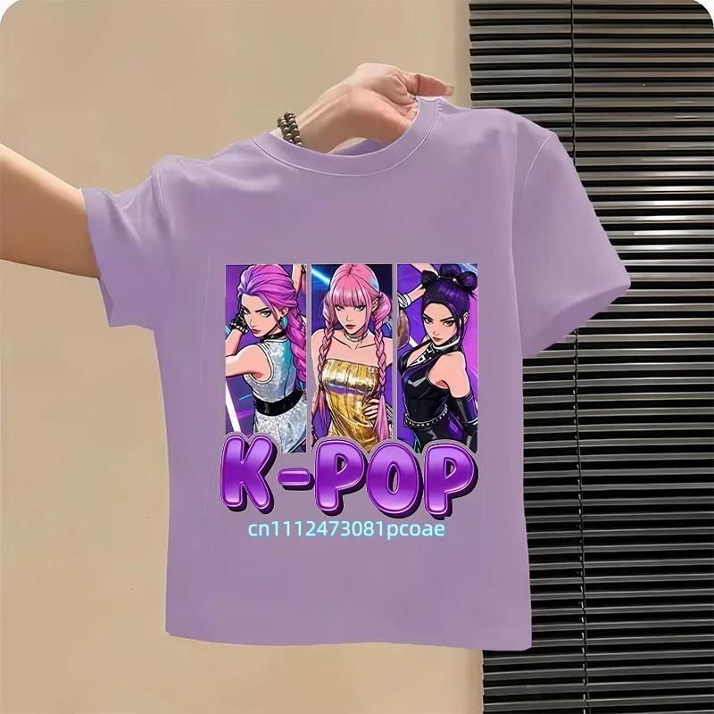 Summer Kpop Popular Cartoon Print Childrens Design Casual Harajuku Style Round Neck Short Sleeved Top Fans Gifts Kids Clothes