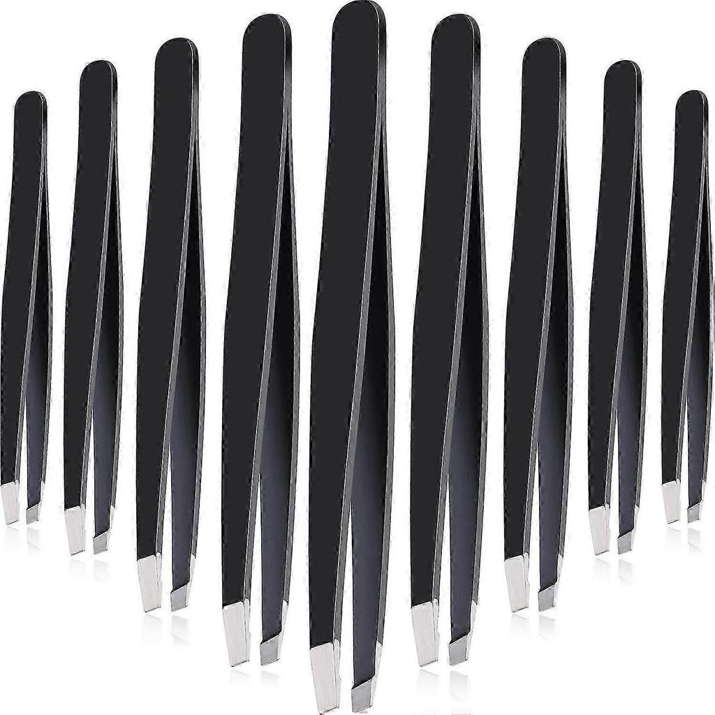 12 Pieces Stainless Steel Slant Tip Tweezers Precision Tweezers for Eyebrows (Black)