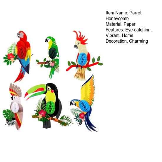 6 Pcs Parrot Honeycomb Paper Cutouts Tropical Birds Honeycomb Decoration for Hawaiian Luau Tiki Summer Party Supplies