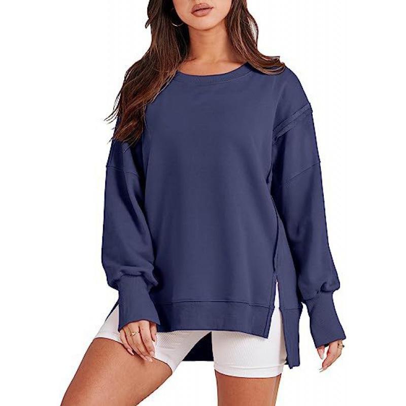 Women S Casual Loose Fit Round Neck Sweatshirt With Asymmetrical Hem And Side Slit