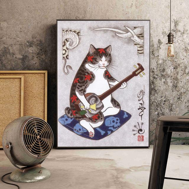 Solid Wood Frame Japanese Floating Samurai Cat Canvas Painting Retro Style Posters and Prints Wall Art Pictures for Living Room Wall Decor