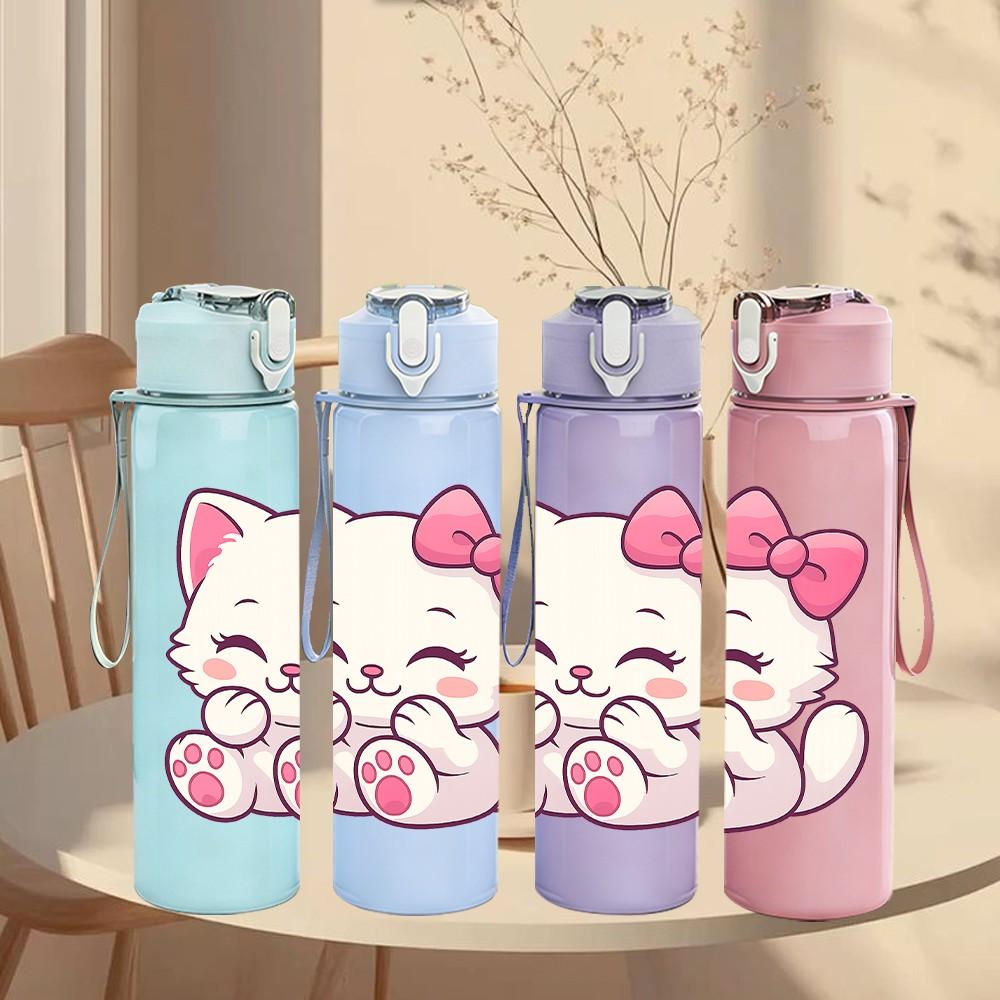 1PC Pink Kitty Cat Cute Cartoon Print 750ml Color Plastic Sports Water Bottle Leakproof Flip Straw Lid Suitable for Sports Office Home Use