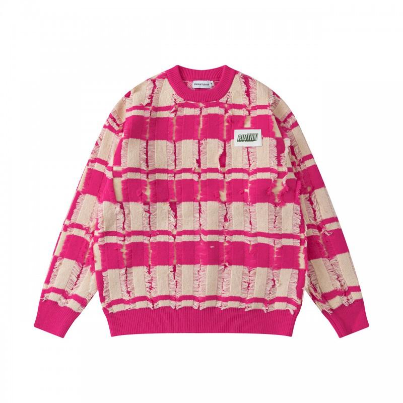 Unisex Oversized Striped Knit Sweater With Fringe Detail Round Neck Casual Winter Streetwear