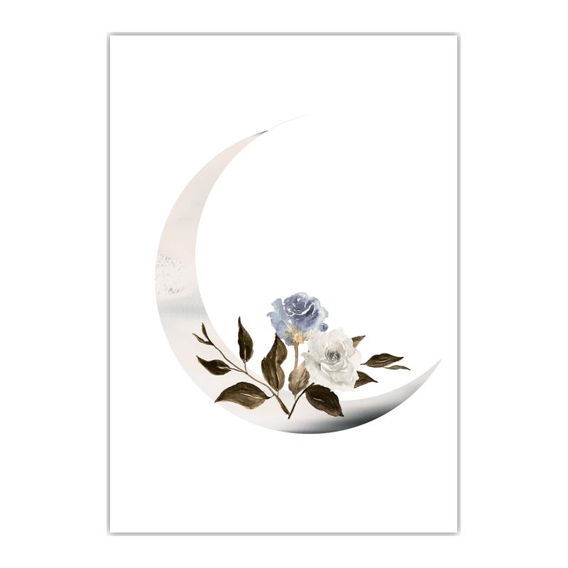 Plant Flower Wall Art, Nordic Moon Canvas Painting, Minimalist Aesthetic Poster Print for Living Room Bedroom Wall Decor