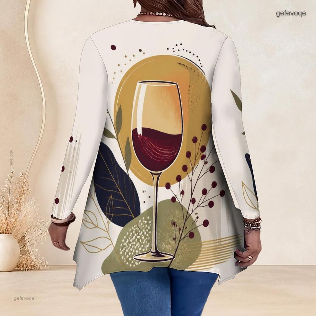 Plus Size Women V Neck Long Sleeve Loose Top With Irregular Split Hem For Casual Occasions