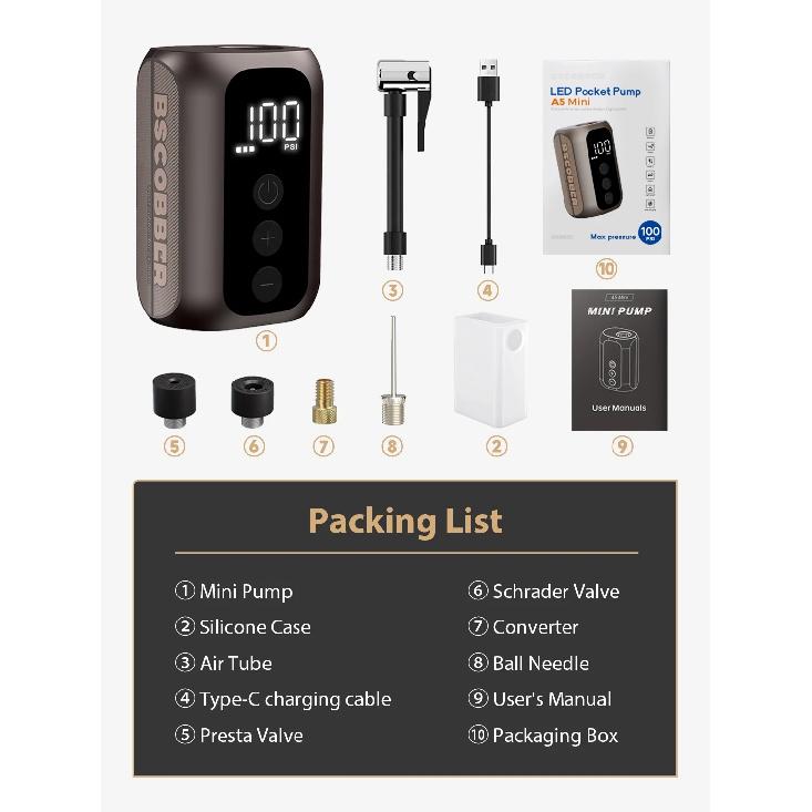 BSCOBBER A5mini Портативный воздушный насос Портативный перезаряжаемый беспроводной аксессуар для велосипеда Накачиватель шин Высокое давление 100PSI