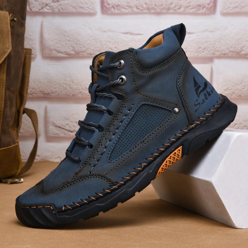 2025 New Large Size Men's Leather Boots Fashion Hand-stitched Ankle Boots Flat Short Boots Lace-up Casual Shoes