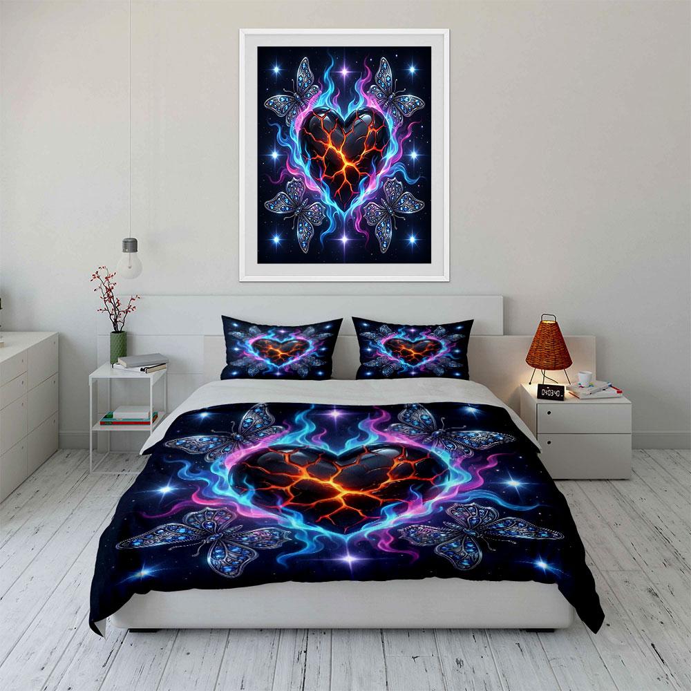 Burning Heart and Glittering Butterflies Print Bedding Set 1 Duvet Cover 2 Pillowcases for Adult and Children Luxury Gift