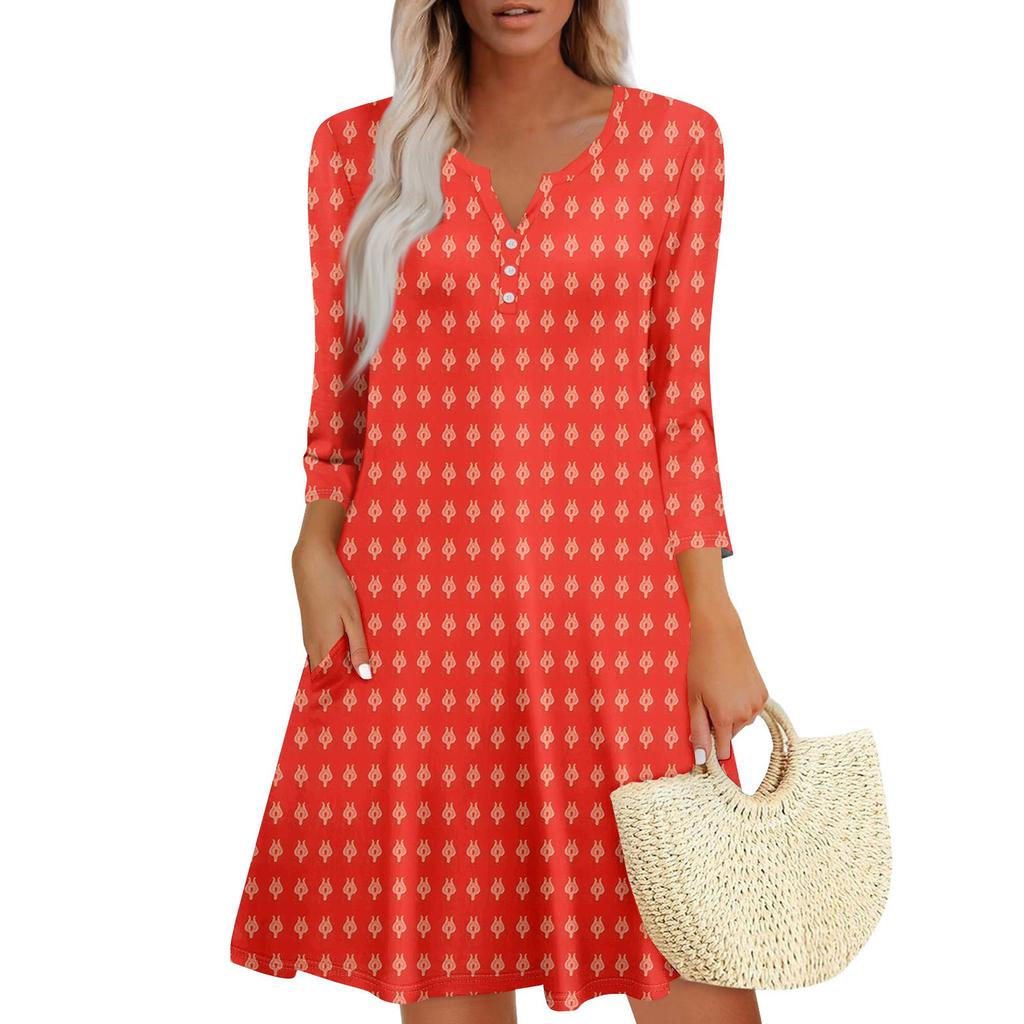 Women's Summer Dress Loose V Neck Three-quarter Sleeve Sundress With Pockets Dress