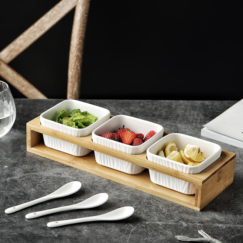 Белая керамическая чаша, поднос из бамбукового дерева, поднос для фруктов, приправ, закусок и поднос для сервировки десертов