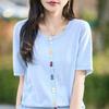 Весенне-летний трикотажный топ с круглым вырезом и короткими рукавами, однотонный свободный топ с цветными пуговицами
