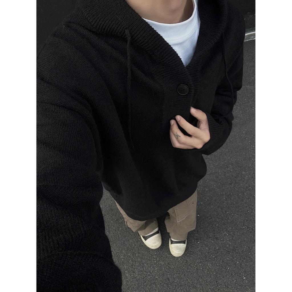 Men's Gray Hooded Knit Sweater - Retro Loose Fit Casual Autumn/Winter Outerwear