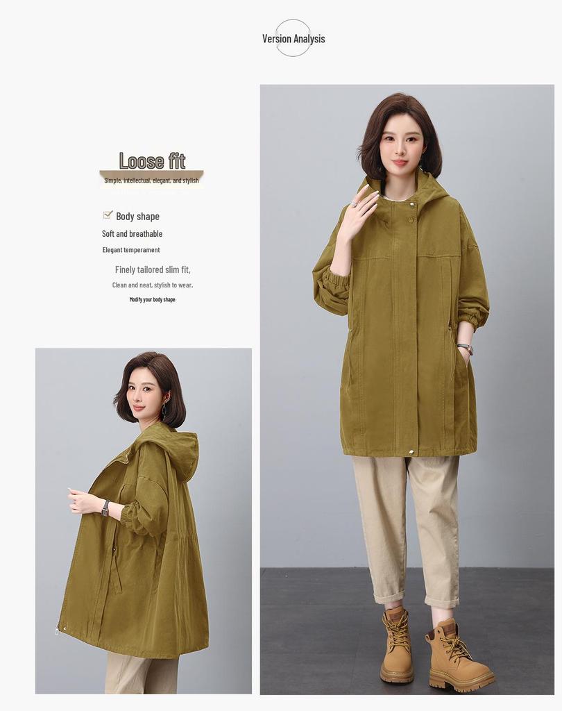 Women's Mid-Length Hooded Trench Coat, Spring/Autumn 2024: Pure Cotton, Long-Sleeve, Casual Workwear, Slimming Plus Size.