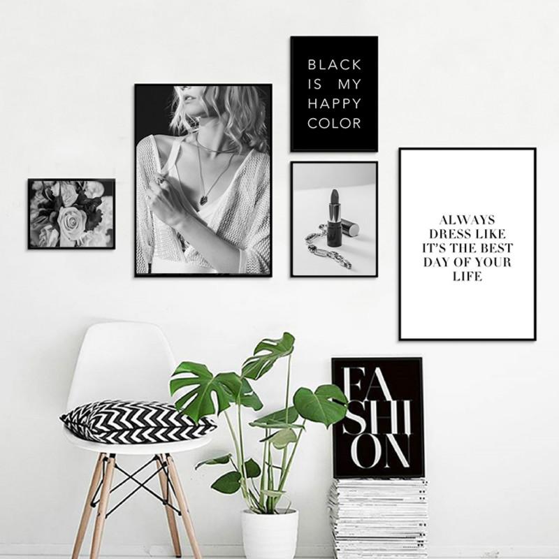 Fashion Black And White Sexy Poster Flower Women Motivational Text Canvas Wall Art Prints Abstract Painting Wall Hanging Decor