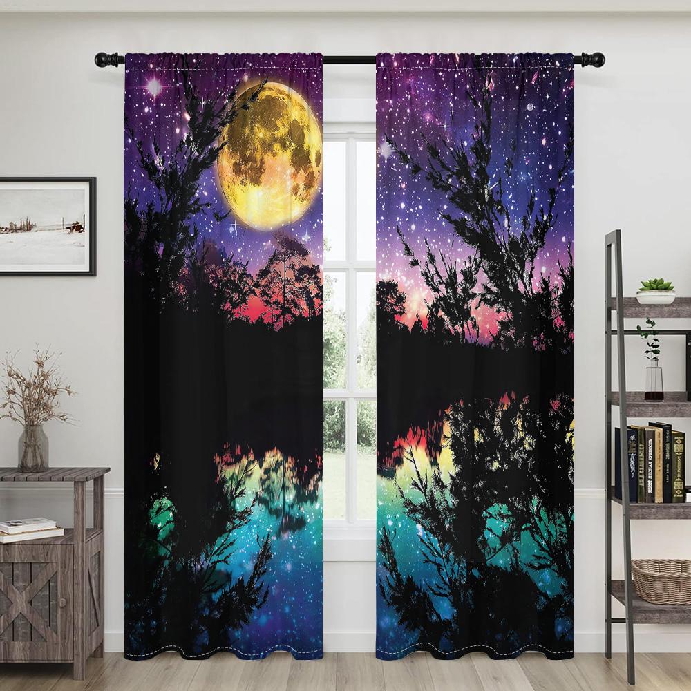 2 pieces, purple starry sky, moon, trees, lake curtains, filter, suitable for living room, kitchen, bedroom, home decoration