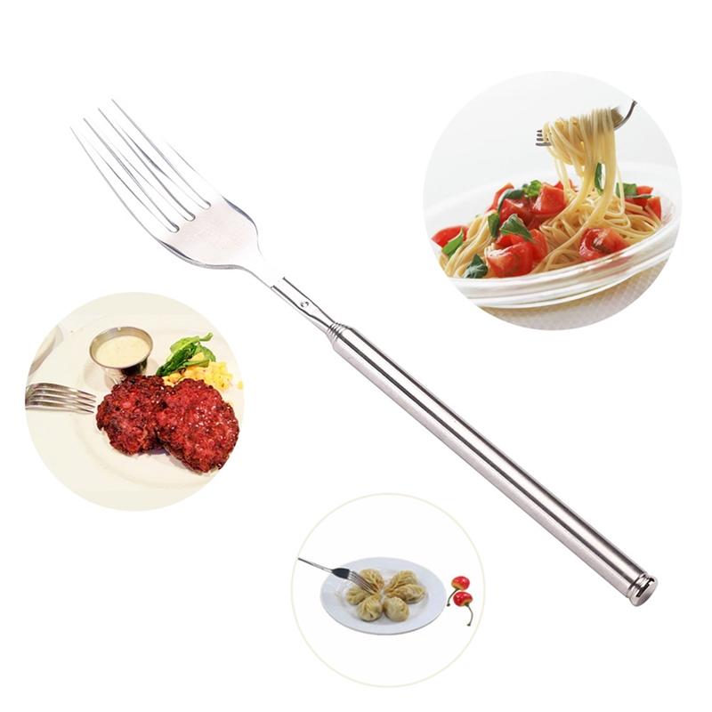 Silver Stainless Telescopic Extendable Fork Dinner Fruit Dessert Long Cutlery BBQ Meat Fork Kitchen Practical Tools