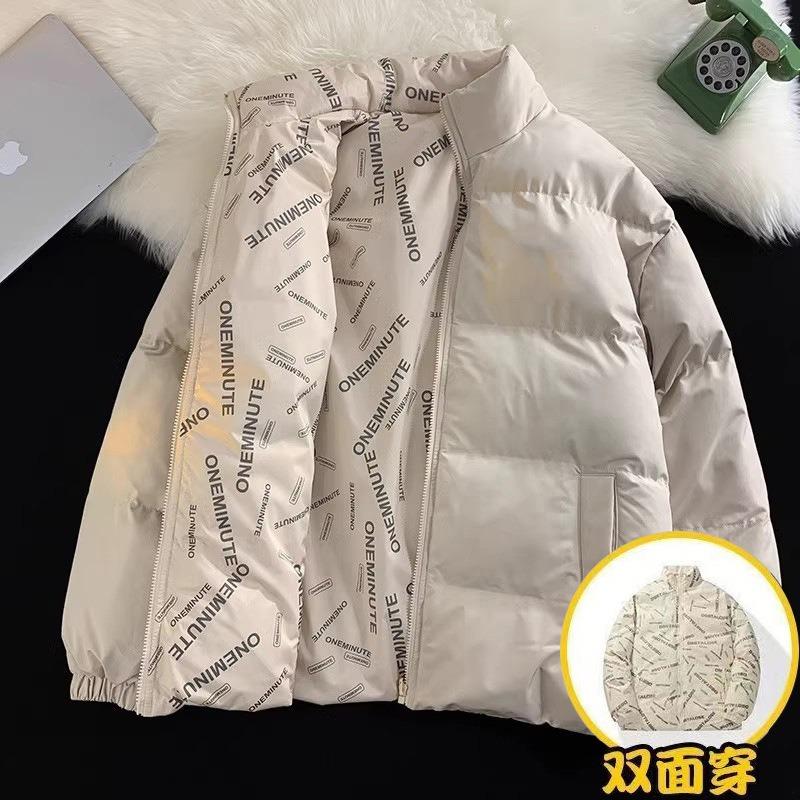 Two Sided Letter Print Thick Fleece Stand Collar Loose Cotton Puffer Jacket For Men Women
