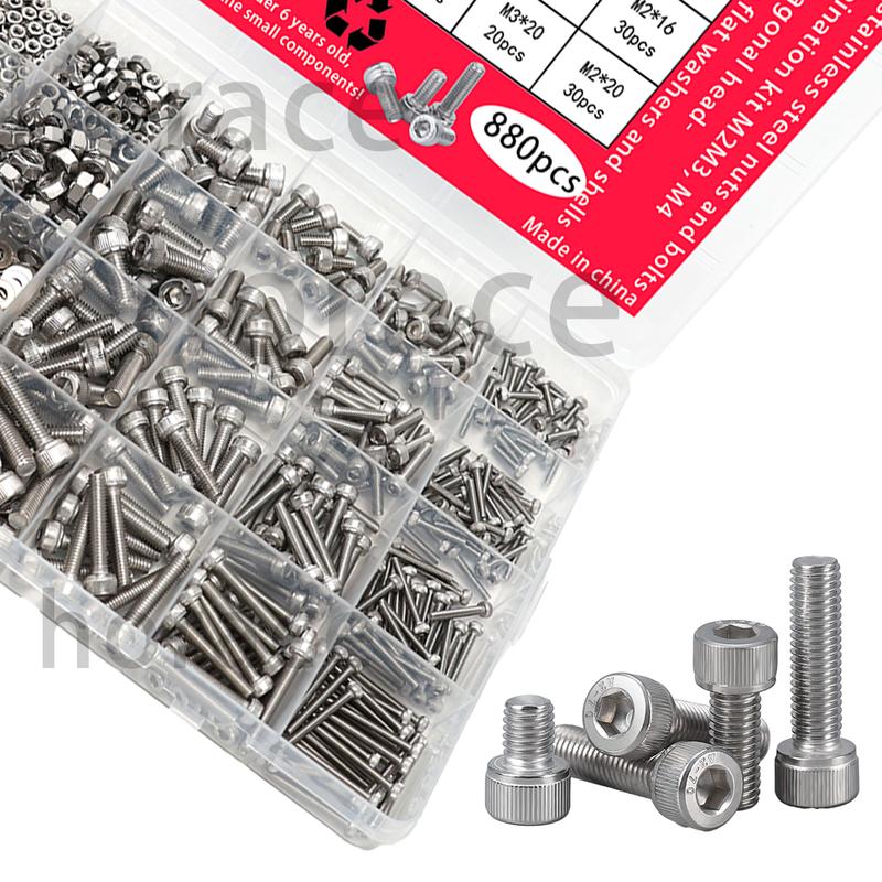 880 pcs stainless steel internal angle nuts and bolts set - M2, M3, M4, M5 hexagon heads - includes flat washers