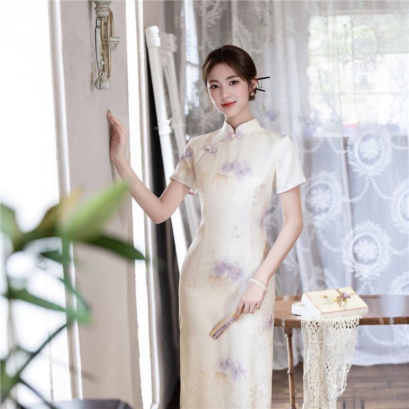 New Chinese-style improved cheongsam women's 1011 spring and summer new ink wash flower jacquard long slim and thin temperament dress