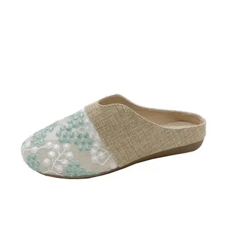 Женская обувь Женские тапочки Цветок Низкий Ажурный каблук Закрытый носок Лоферы 2025 Плоские Летние ТПР ПУ Цветочная ткань Слайды Круглый Котелок