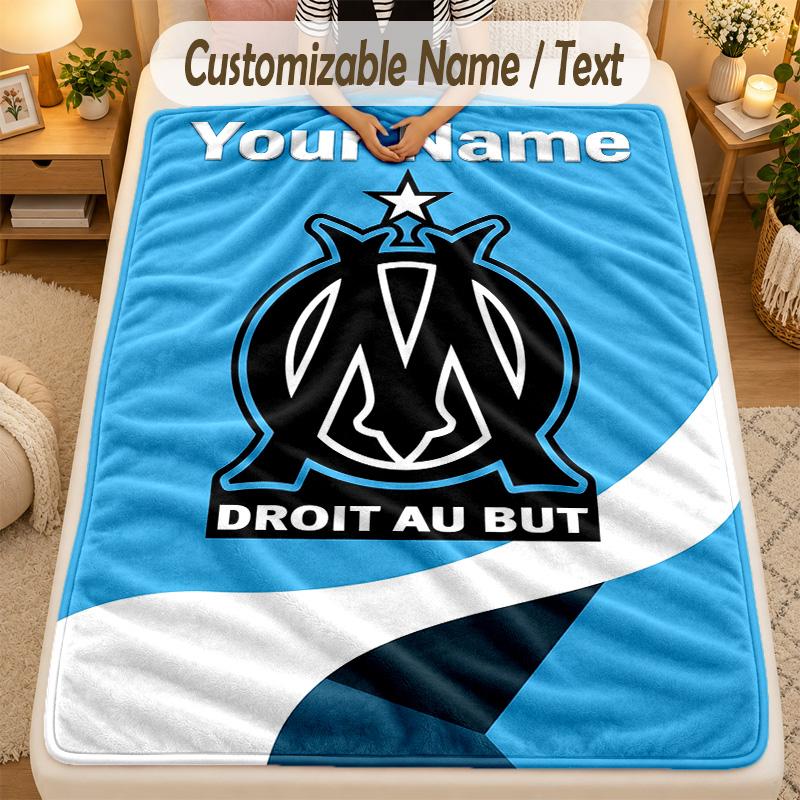Flannel BlanketOlympique Marseille FC Custom Name Text Personalized Soft Warm Throw Blanket Home Decor Gift