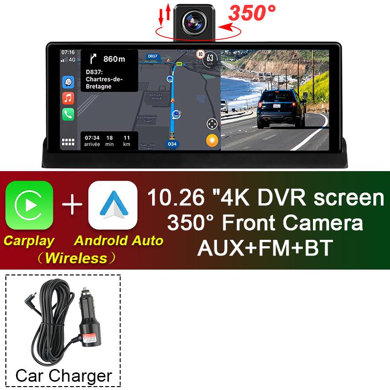 10,26-дюймовый автомобильный видеорегистратор 4K-камера Беспроводная Carplay Android auto Ai-экран Приборная панель Видеорегистратор Двойной объектив GPS-навигация Видеорегистратор AUX