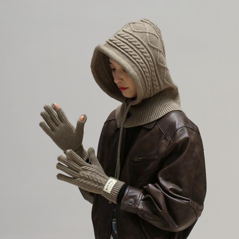 Wool Knitted Balaclava with Neck Scarf Integrated Hat Gloves Autumn and Winter Neck Protection Fashionable Red