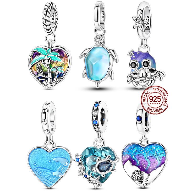Summer Ocean Series Beads 925 Sterling Silver Turtle Charms Blue Heart Dangle For Women Fit Original Bracelet DIY Jewelry Gift