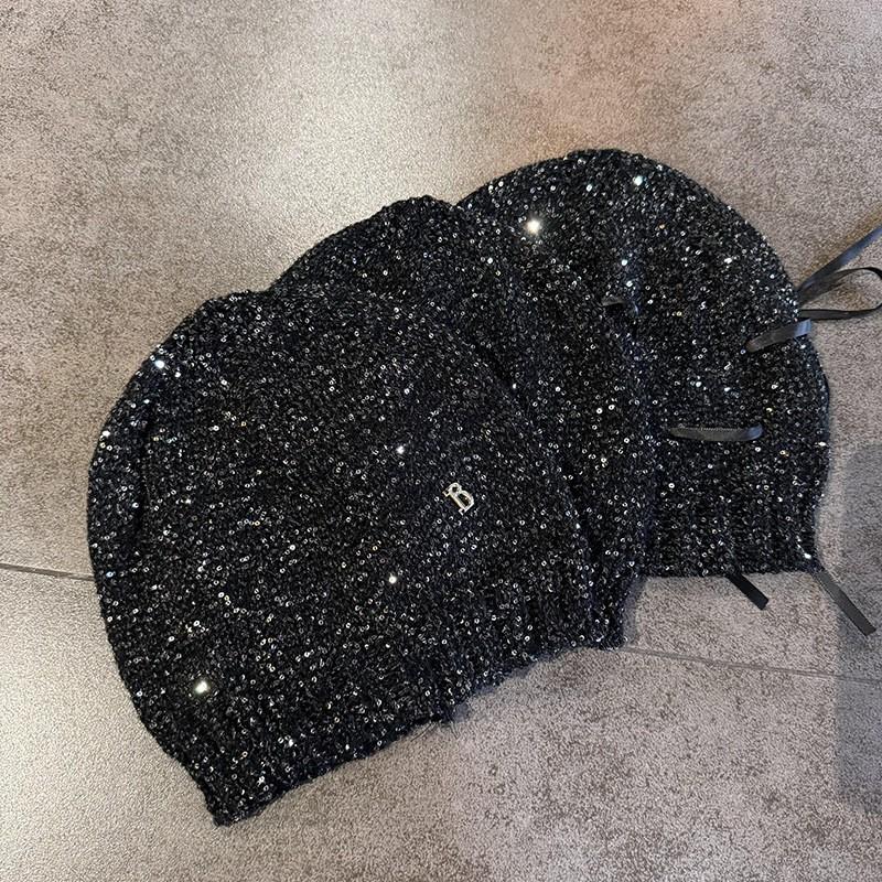 Jennie Inspired Sequin Stretch Beanie Women Y2K Style Hand Knit Cap Fashion Party Headwear