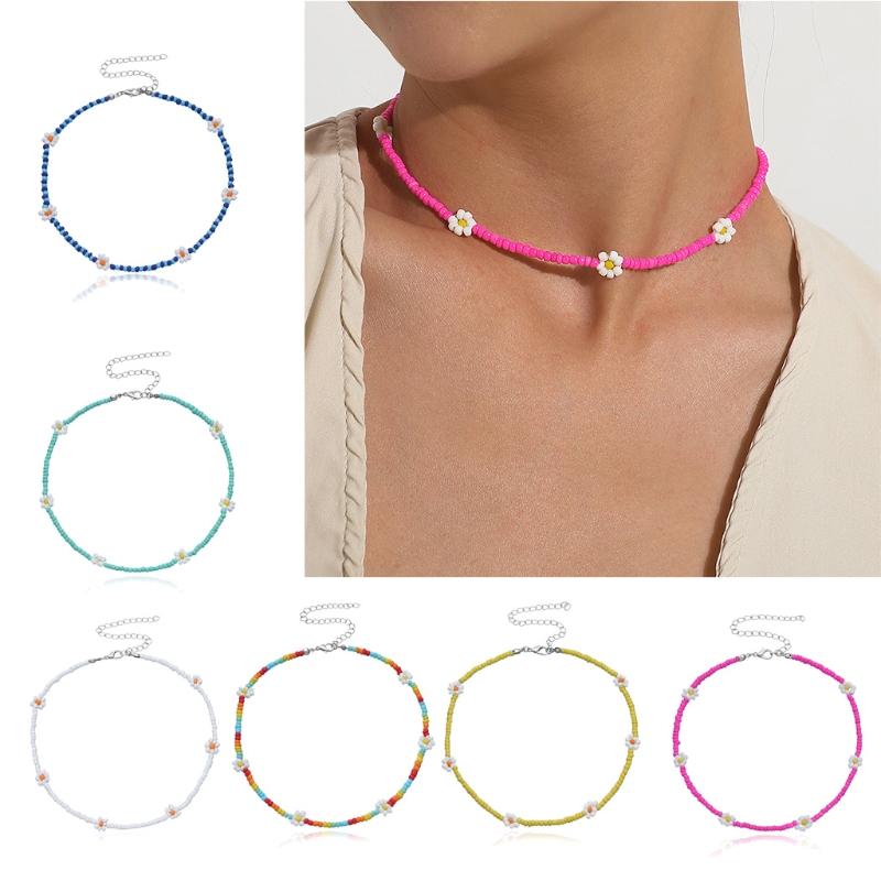 Яркий Чокер-Ожерелье с Цветами Маргаритки из Бусин, Регулируемая Цепочка на Ключицу для Женщин и Девочек, Милые Ручной Работы Бохо Украшения