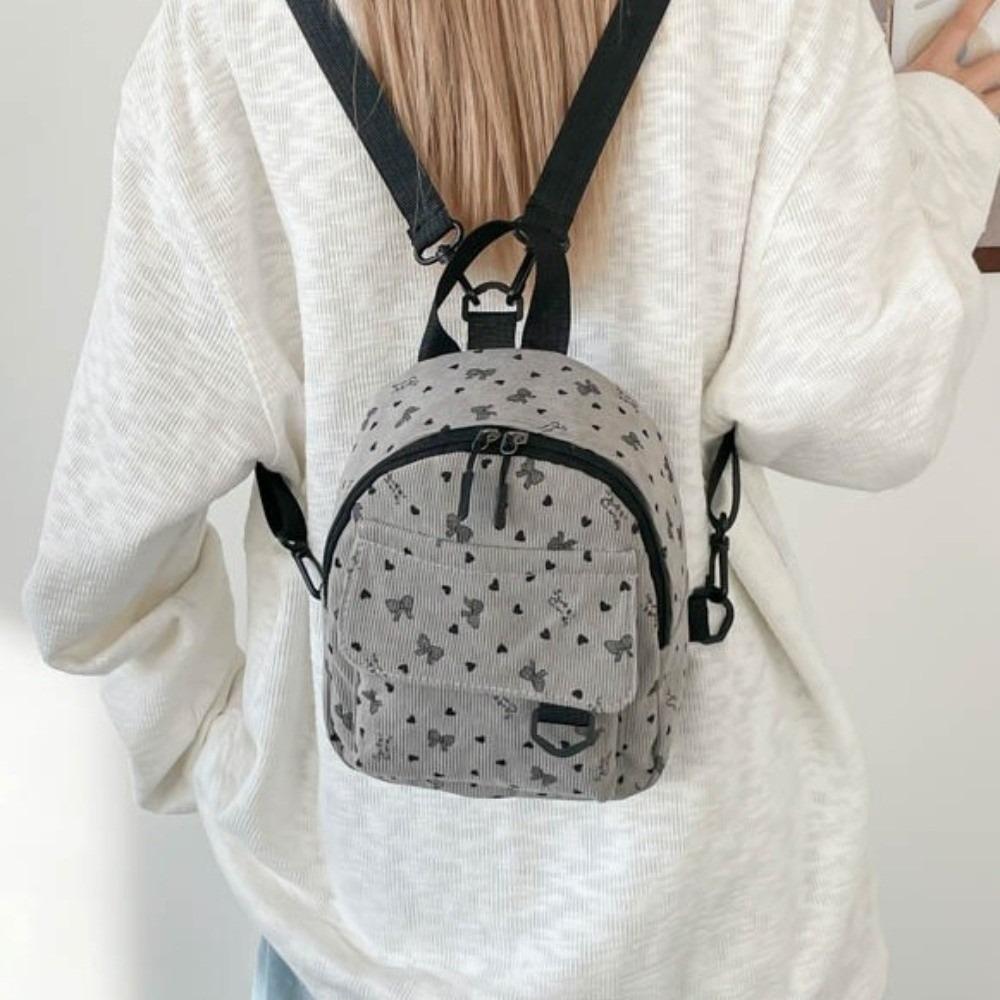Lightweight Shoulder Bag Heart Bow Print Rucksack Ins Style Corduroy Mini Backpack School
