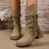 Fashion Sexy Tassel Suede Long Western Cowboy Boots Women 2025 Winter Thick Heel Knee High Boots Retro Khaki Medium Heel Shoes Plus Size