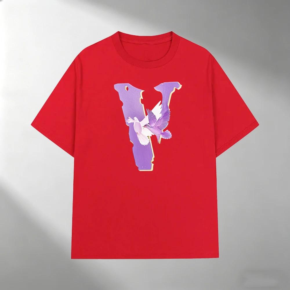 Unisexs 100 Cotton Tshirt Purple V Letter Dove Print Crew Neck Short Sleeve Casual Outdoor Tees