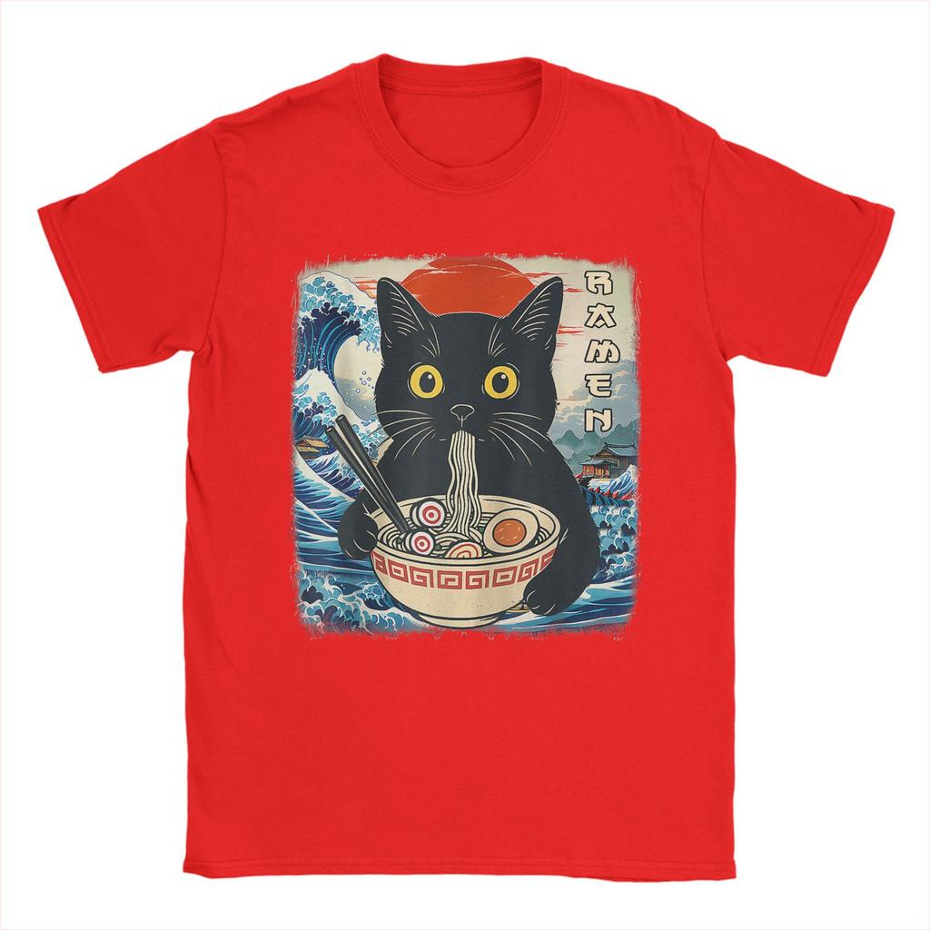 Funny Japanese Black Cat Ramen T-Shirt Men Crew Neck 100% Cotton T Shirts Kawaii Noodle Cat Short Sleeve Tees Birthday Gift Tops