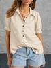 Women's Puff Short Sleeve Button Down Shirt Collared V Neck Linen Work Blouse