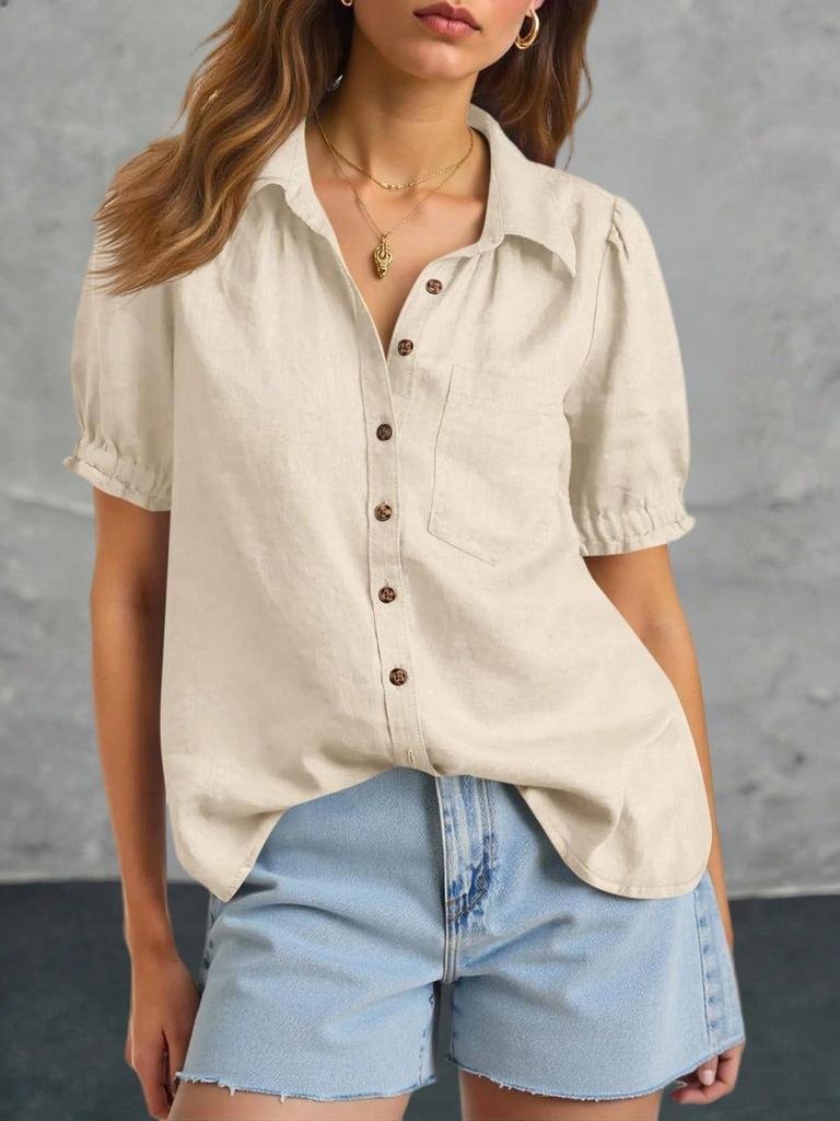 Women's Puff Short Sleeve Button Down Shirt Collared V Neck Linen Work Blouse