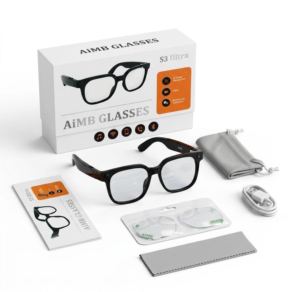 AIMB-S3 ULTRA Smart Glasses: 5MP Video Call, Real-time Translation, Live Broadcast, Photo & Video.