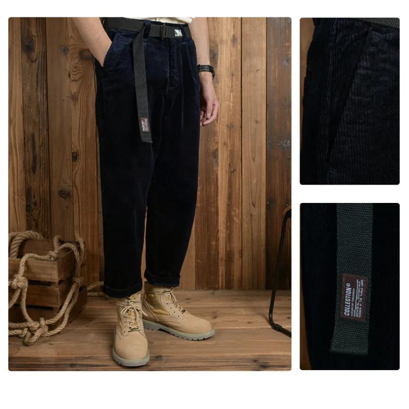 Осенние и зимние мужские брюки, японские ретро-утолщенные вельветовые брюки, мужские, 98% хлопок, мешковатые прямые брюки с поясом, повседневные мужские брюки
