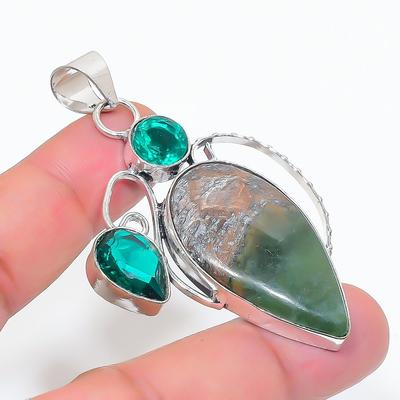 Нефрит, Диопсид Ручная работа 925 Стерлинговое серебро Ювелирная подвеска 2.48" L3j78