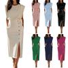 Women's Fashion Fashion Style Solid Color Round Neck Waist Split Metal Buttons Dresses