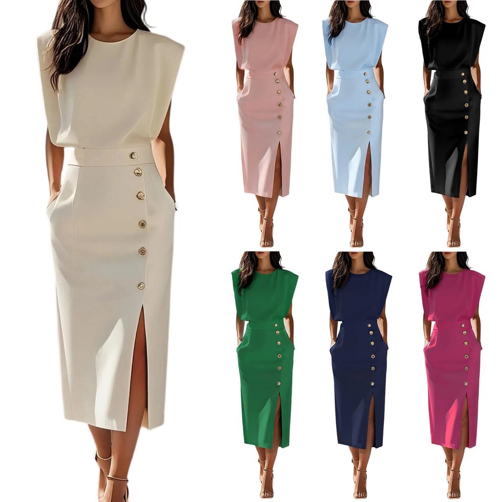 Women's Fashion Fashion Style Solid Color Round Neck Waist Split Metal Buttons Dresses
